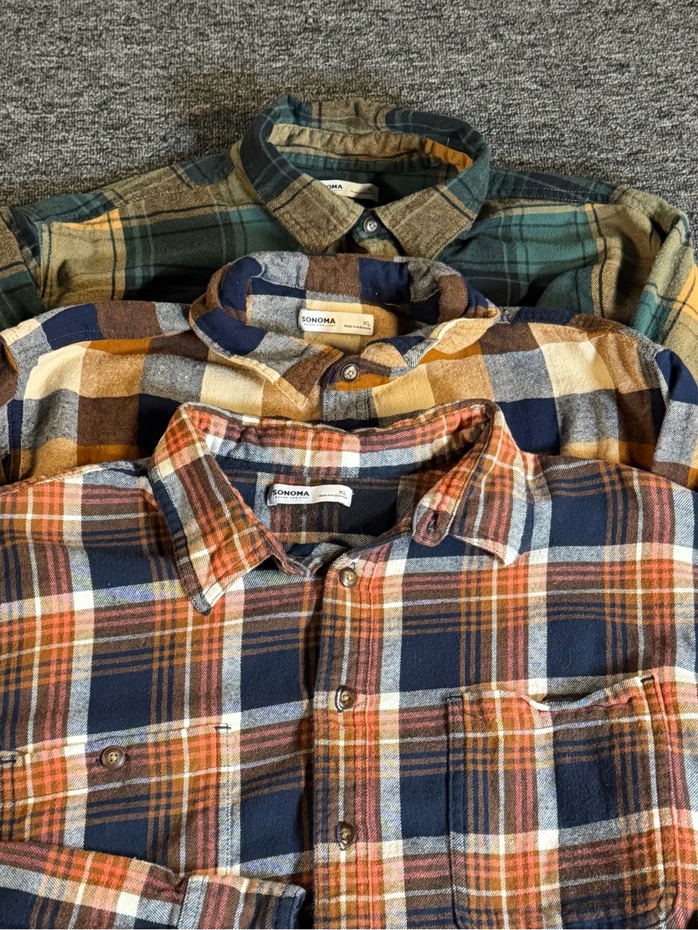 Sonoma Men's Cotton Flannels Plaid Button-Up Shirt XL Long Sleeve Pockets Lot 3
